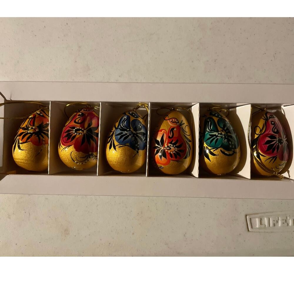 Russian Lavrovo Folks Art Unique Set Of 6 Wood Golden Eggs With Floral Design BN